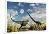 A Yangchuanosaurus Dinosaur Confronting an Omeisaurus-null-Framed Art Print