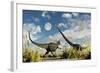 A Yangchuanosaurus Dinosaur Confronting an Omeisaurus-null-Framed Art Print