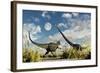 A Yangchuanosaurus Dinosaur Confronting an Omeisaurus-null-Framed Art Print