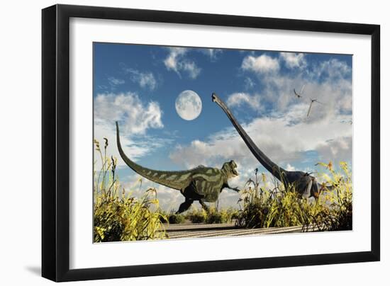 A Yangchuanosaurus Dinosaur Confronting an Omeisaurus-null-Framed Premium Giclee Print