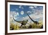 A Yangchuanosaurus Dinosaur Confronting an Omeisaurus-null-Framed Art Print