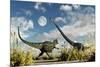 A Yangchuanosaurus Dinosaur Confronting an Omeisaurus-null-Mounted Art Print