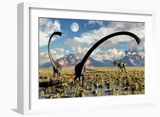 A Yangchuanosaurus Dinosaur Stalking an Omeisaurus-null-Framed Art Print