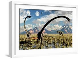 A Yangchuanosaurus Dinosaur Stalking an Omeisaurus-null-Framed Art Print