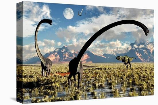 A Yangchuanosaurus Dinosaur Stalking an Omeisaurus-null-Stretched Canvas