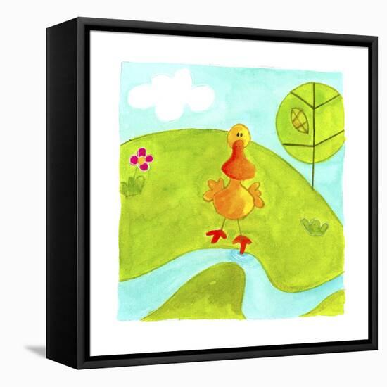 A Yellow Duck Standing Next to a Stream-null-Framed Stretched Canvas