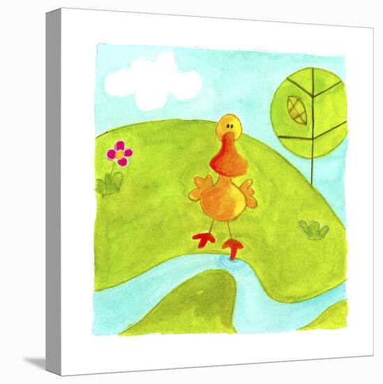 A Yellow Duck Standing Next to a Stream-null-Stretched Canvas
