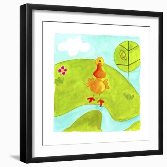 A Yellow Duck Standing Next to a Stream-null-Framed Giclee Print