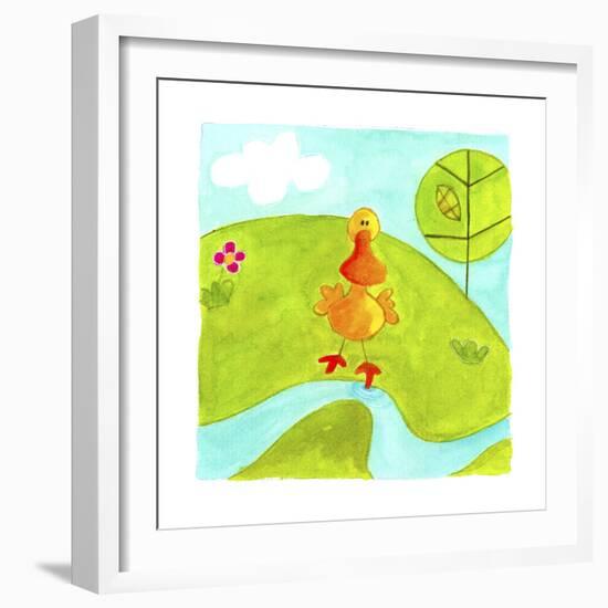 A Yellow Duck Standing Next to a Stream-null-Framed Giclee Print