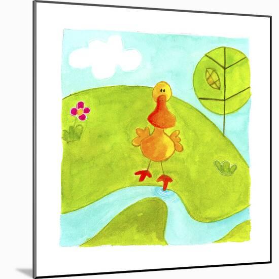A Yellow Duck Standing Next to a Stream-null-Mounted Giclee Print
