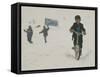 A Young Afghan Boy Rides His Bicycle on a Snow Covered Street-null-Framed Stretched Canvas