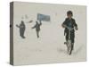 A Young Afghan Boy Rides His Bicycle on a Snow Covered Street-null-Stretched Canvas