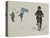 A Young Afghan Boy Rides His Bicycle on a Snow Covered Street-null-Stretched Canvas