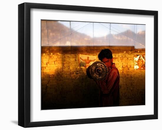 A Young Afghan Man Exercises with a Barbell in Kabul-null-Framed Photographic Print