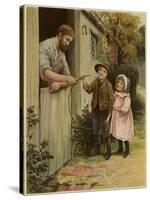 A Young Boy and Young Girl Giving a Broken Hoop to a Blacksmith for Repair-null-Stretched Canvas