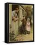 A Young Boy and Young Girl Giving a Broken Hoop to a Blacksmith for Repair-null-Framed Stretched Canvas