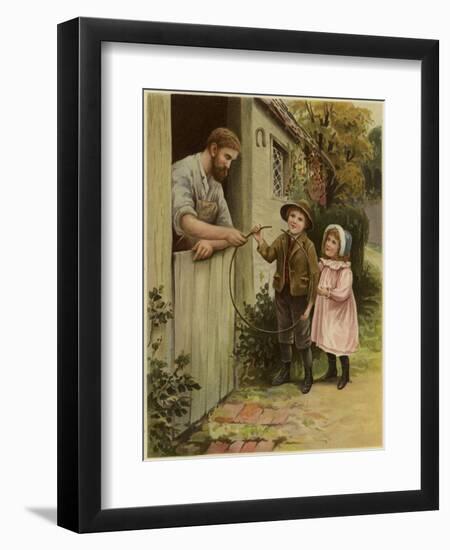 A Young Boy and Young Girl Giving a Broken Hoop to a Blacksmith for Repair-null-Framed Giclee Print