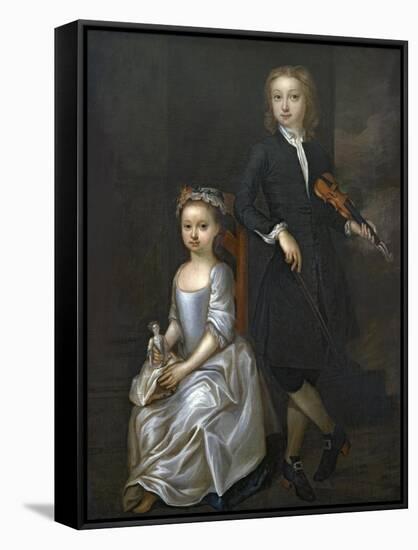 A Young Boy Holding a Violin and a Young Girl Holding a Doll-John Vanderbank-Framed Stretched Canvas