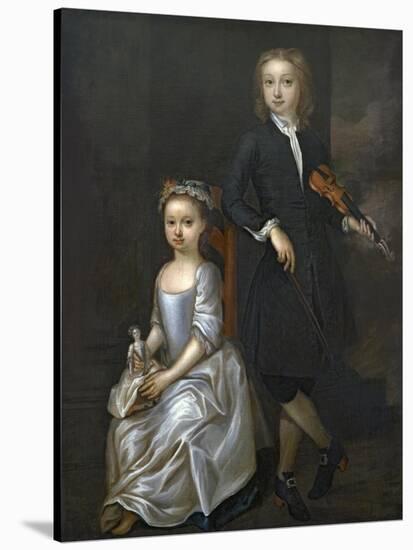 A Young Boy Holding a Violin and a Young Girl Holding a Doll-John Vanderbank-Stretched Canvas