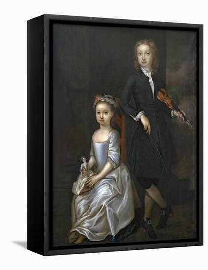 A Young Boy Holding a Violin and a Young Girl Holding a Doll-John Vanderbank-Framed Stretched Canvas