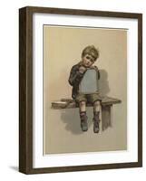 A Young Boy Sits Crying as He Rests His Chin on a Chalkboard-null-Framed Giclee Print