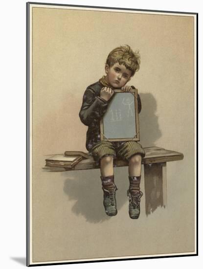 A Young Boy Sits Crying as He Rests His Chin on a Chalkboard-null-Mounted Giclee Print