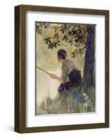 A Young Boy Sits Peacefully Fishing-null-Framed Art Print