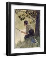 A Young Boy Sits Peacefully Fishing-null-Framed Art Print