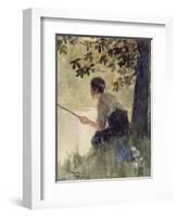 A Young Boy Sits Peacefully Fishing-null-Framed Art Print