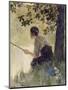 A Young Boy Sits Peacefully Fishing-null-Mounted Art Print