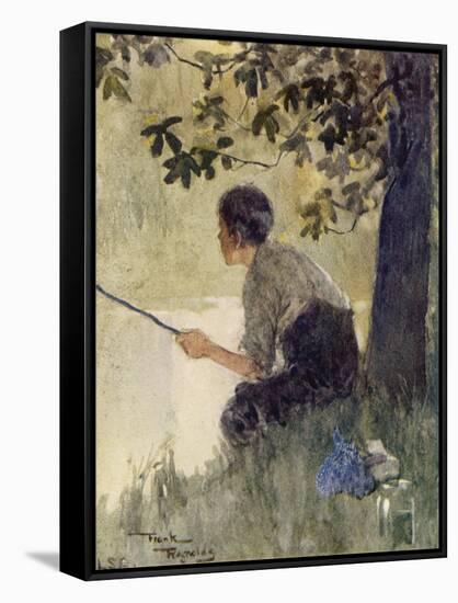 A Young Boy Sits Peacefully Fishing-null-Framed Stretched Canvas