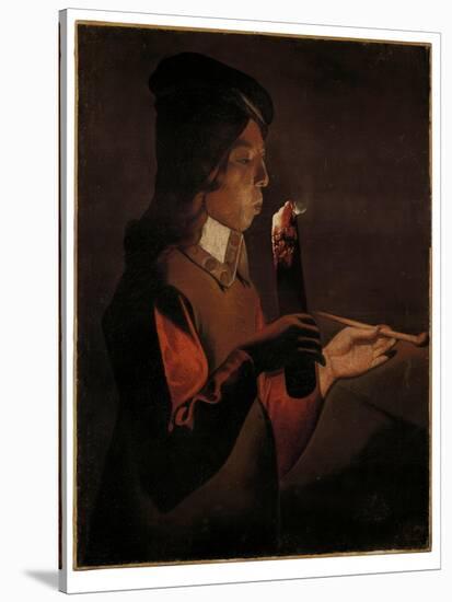 A young boy with a pipe, blowing on a firebrand-Georges De La Tour-Stretched Canvas