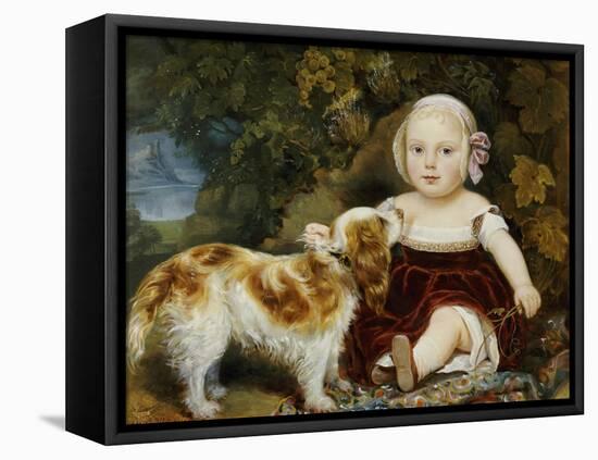 A Young Child with a Brown and White Spaniel by a Leafy Bank, 19th Century-Amila Guillot-saguez-Framed Stretched Canvas