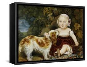 A Young Child with a Brown and White Spaniel by a Leafy Bank, 19th Century-Amila Guillot-saguez-Framed Stretched Canvas