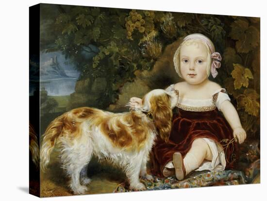 A Young Child with a Brown and White Spaniel by a Leafy Bank, 19th Century-Amila Guillot-saguez-Stretched Canvas