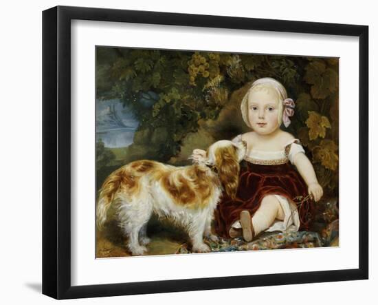 A Young Child with a Brown and White Spaniel by a Leafy Bank, 19th Century-Amila Guillot-saguez-Framed Giclee Print