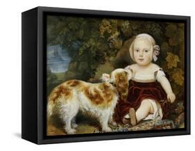 A Young Child with a Brown and White Spaniel by a Leafy Bank, 19th Century-Amila Guillot-saguez-Framed Stretched Canvas