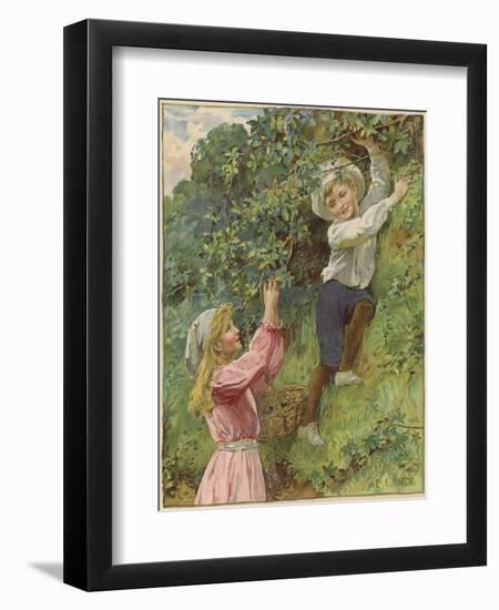 A Young Girl and a Young Boy Picking Blackberries-Eveline Lance-Framed Giclee Print