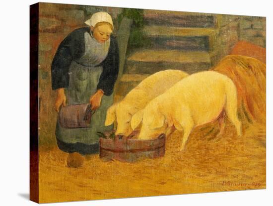A Young Girl Feeding Two Pigs-Paul Serusier-Stretched Canvas