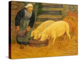 A Young Girl Feeding Two Pigs-Paul Serusier-Stretched Canvas