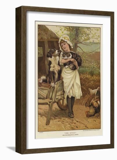 A Young Girl Holding a Cat in Her Arms Alongside a Dog-Edward Killingworth Johnson-Framed Giclee Print