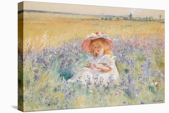 A Young Girl in a Field of Salvia, Oxeye Daisies and Meadow Foxtail, (W/C, Gouache)-Konstantin Egorovich Makovsky-Stretched Canvas