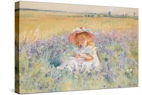 A Young Girl in a Field of Salvia, Oxeye Daisies and Meadow Foxtail, (W/C, Gouache)-Konstantin Egorovich Makovsky-Stretched Canvas