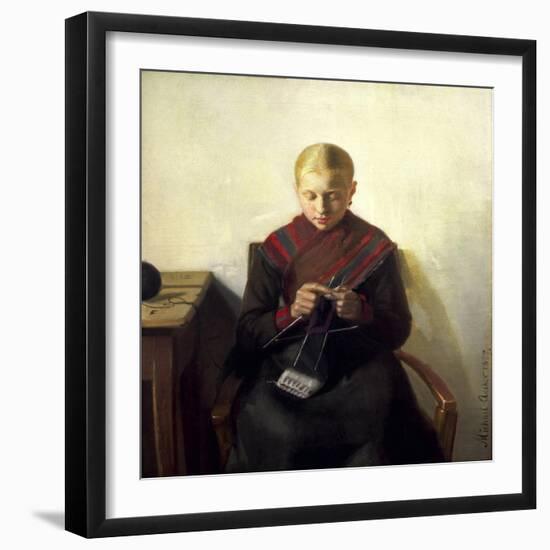 A Young Girl Knitting, Maren Brens, 1887-Michael Peter Ancher-Framed Giclee Print