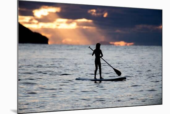 A Young Girl on a Stand Up Paddle Board on Baleia Beach at Sunset-Alex Saberi-Mounted Photographic Print