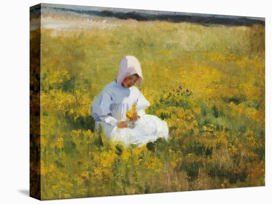 A Young Girl Picking Flowers-Marianne Stokes-Stretched Canvas
