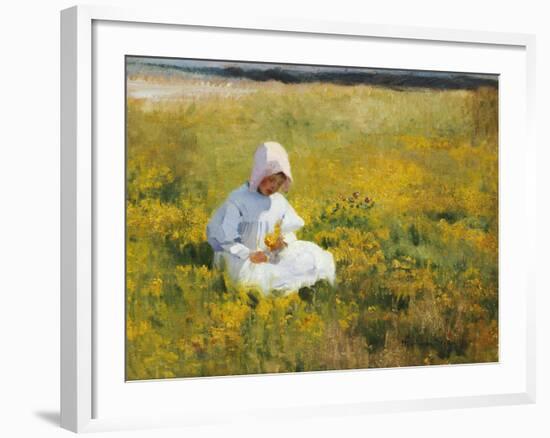 A Young Girl Picking Flowers-Marianne Stokes-Framed Giclee Print