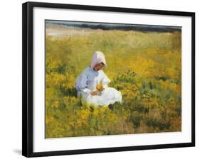 A Young Girl Picking Flowers-Marianne Stokes-Framed Giclee Print