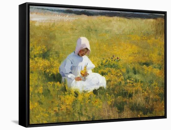 A Young Girl Picking Flowers-Marianne Stokes-Framed Stretched Canvas