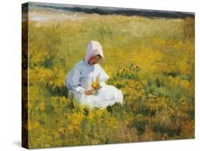 A Young Girl Picking Flowers-Marianne Stokes-Stretched Canvas